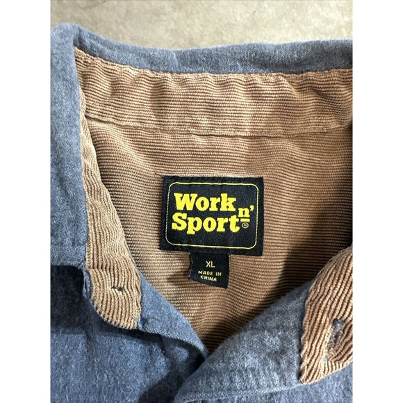 Work n Sport XL Gray Flannel Shirt Jacket Button Up Corduroy Trim - Picture 2 of 5